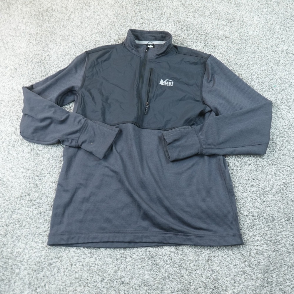 REI Co Op Pullover Mens M Gray Waffle Knit Grid Fleece 1/4 Zip Sweatshirt Hike